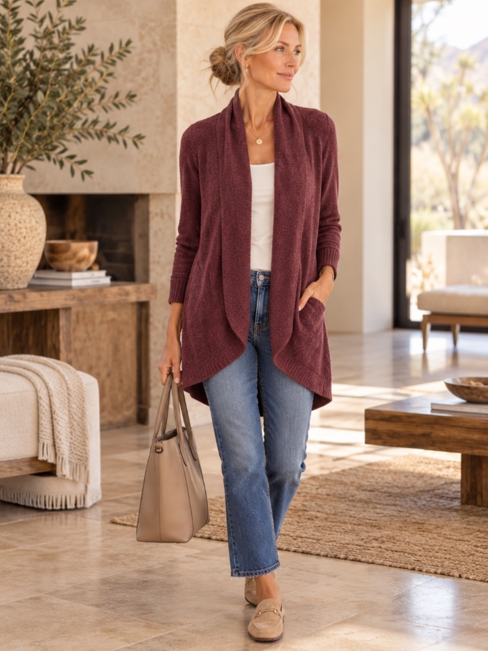 Barefoot Dreams CozyChic Lite Circle Cardi Burgundy Cardigan XL